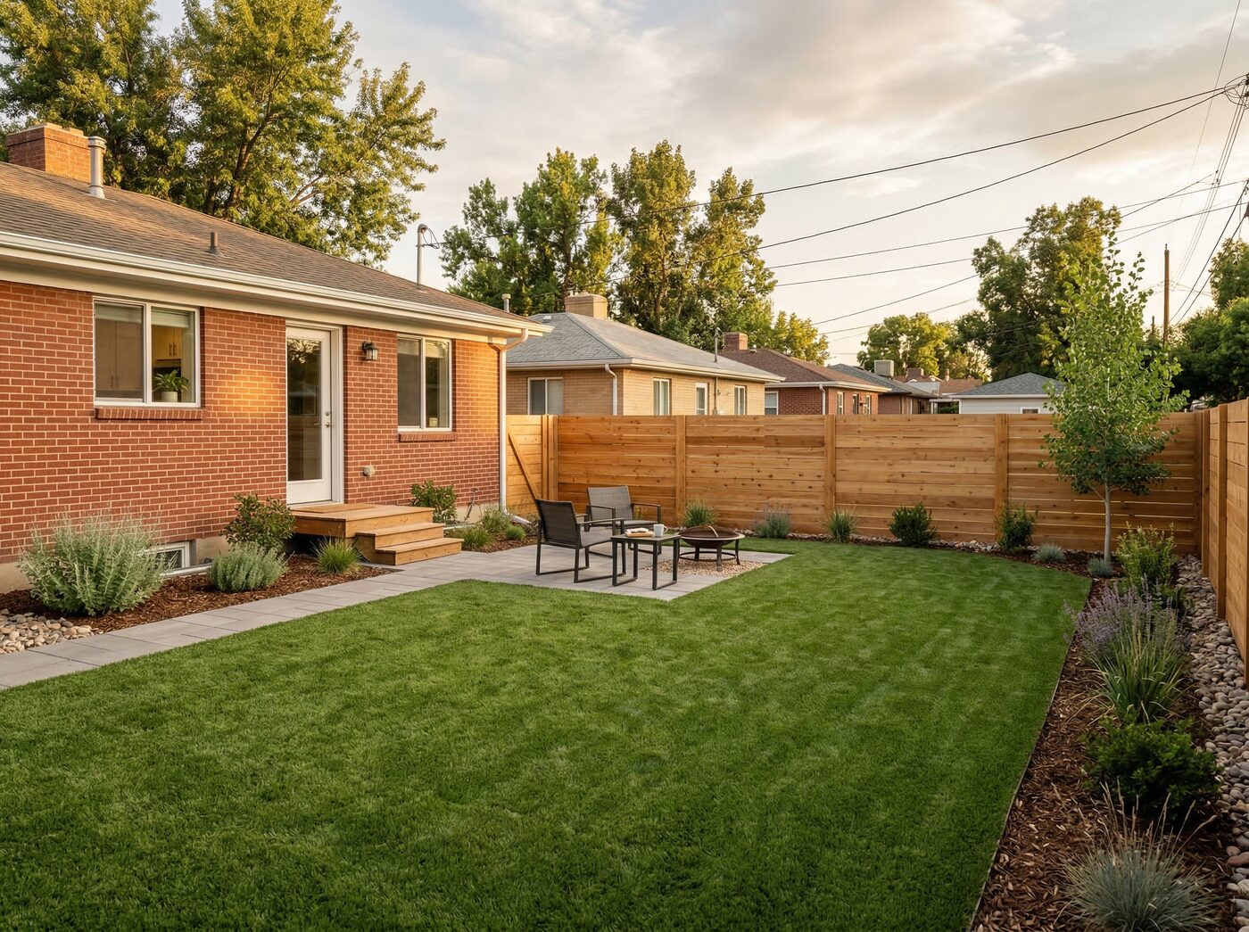 Small backyard artificial turf installation Denver suburb before and after