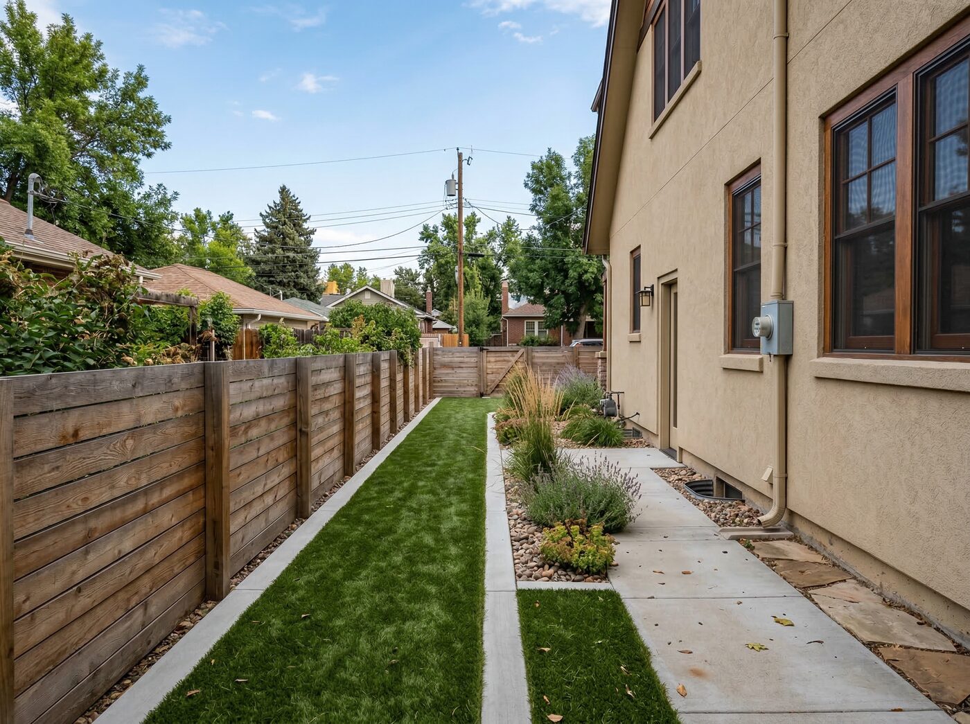 Narrow side yard synthetic turf installation Denver Colorado home