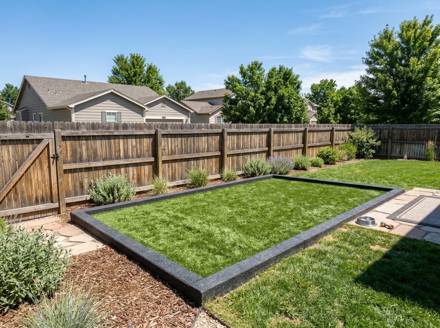 Xeriscape and artificial turf landscaping Denver Colorado front yard