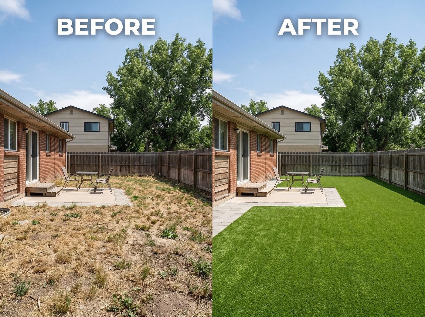 Artificial turf before and after transformation Denver Colorado brick ranch home
