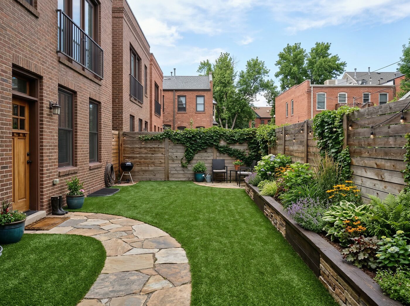 Corner lot front yard synthetic turf installation Denver neighborhood