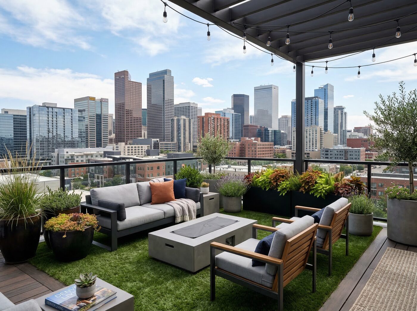 Backyard artificial turf installation with rooftop deck Denver Colorado