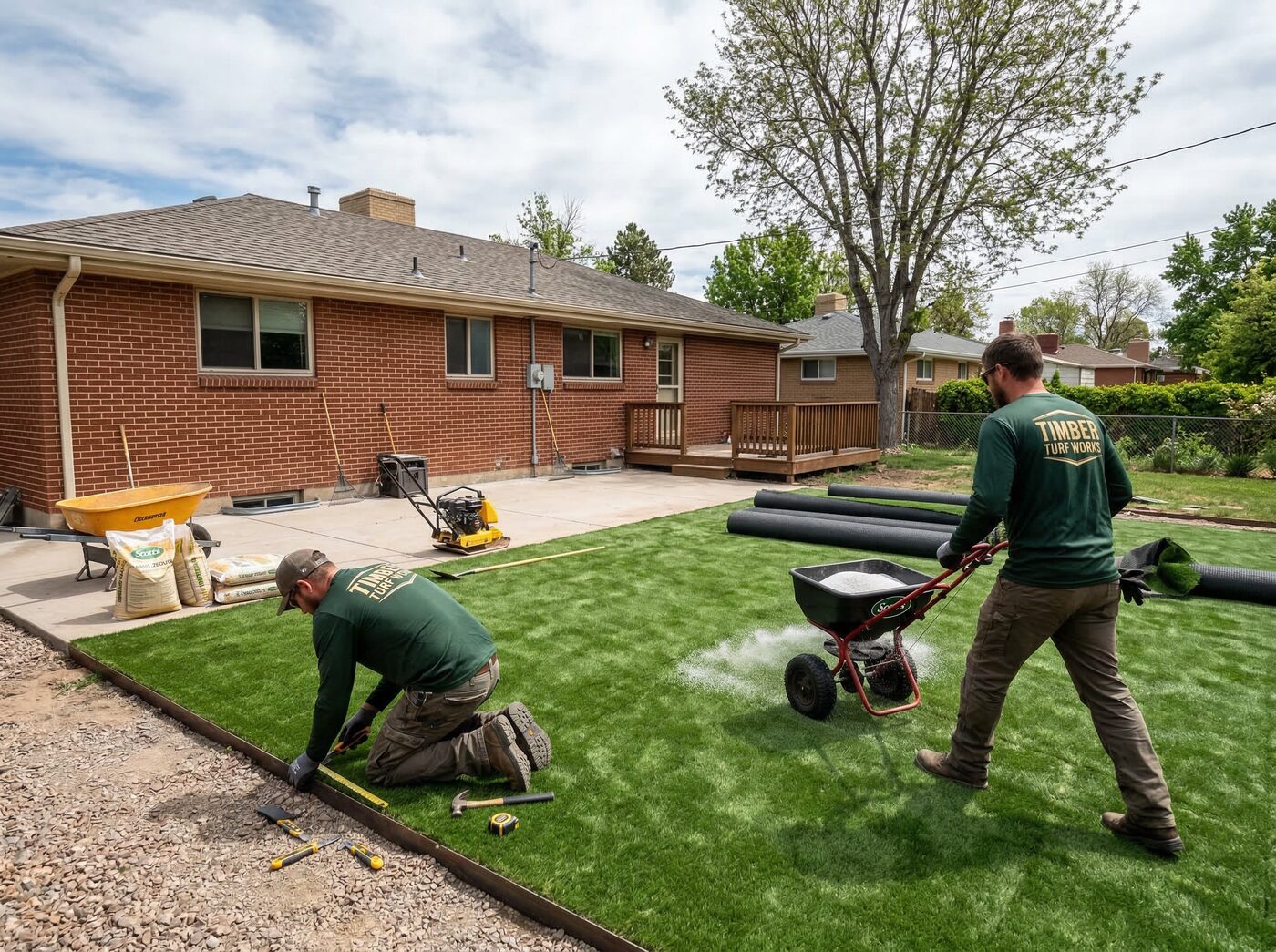 Timber Turf Works crew installing synthetic turf in Denver Colorado residential backyard