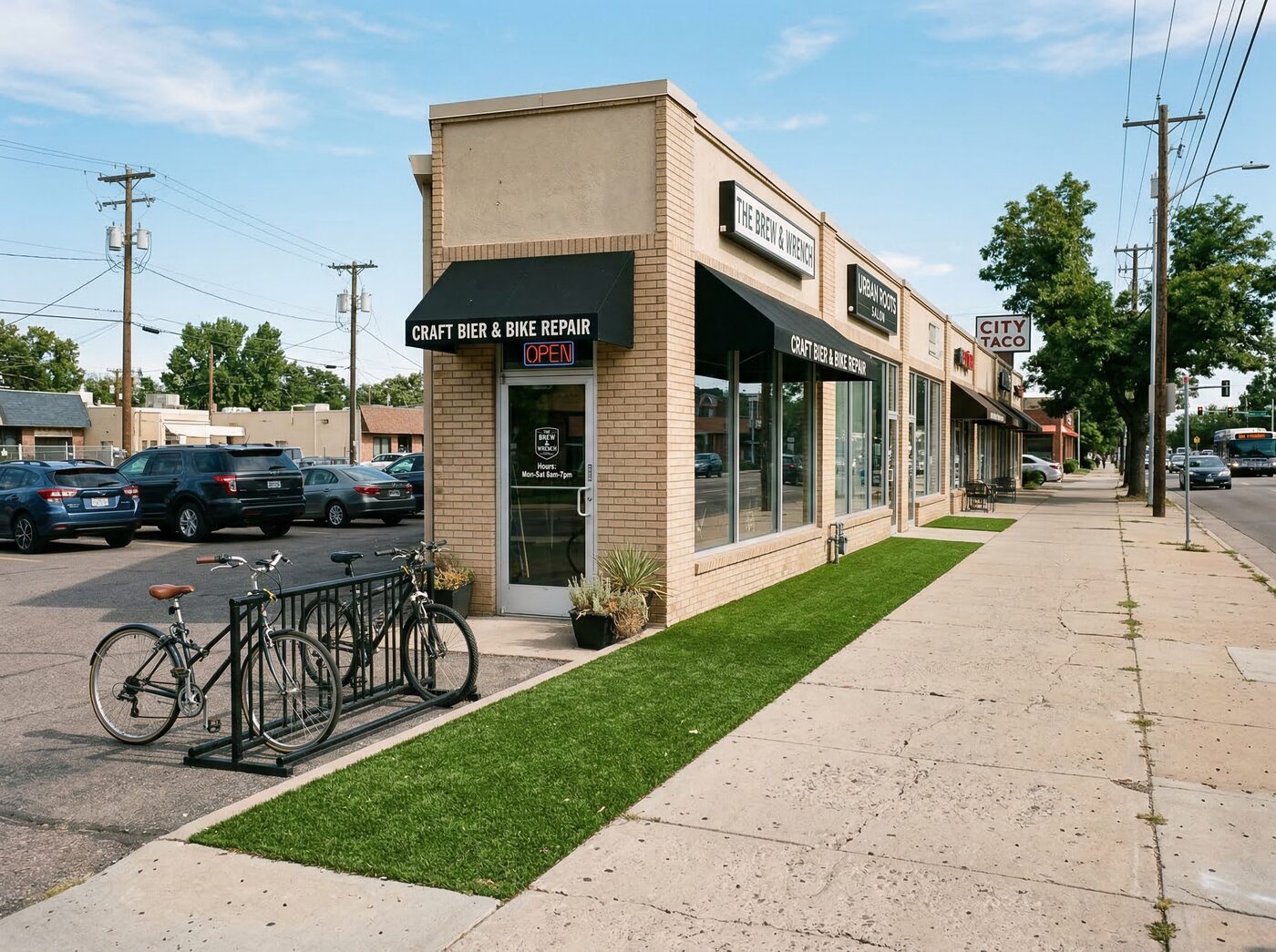 Commercial artificial turf installation Denver Colorado strip mall property