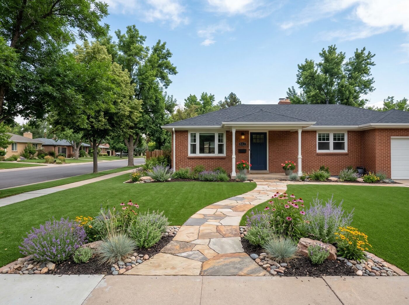 Front yard artificial turf installation for curb appeal Denver Colorado home