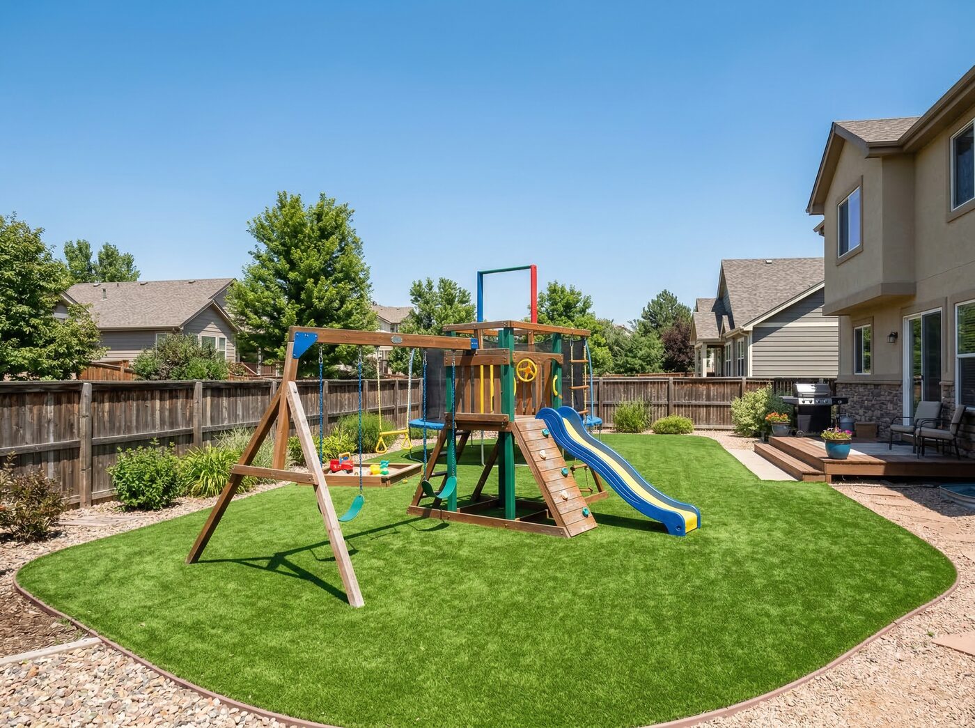Kids play area artificial turf installation Denver suburban backyard