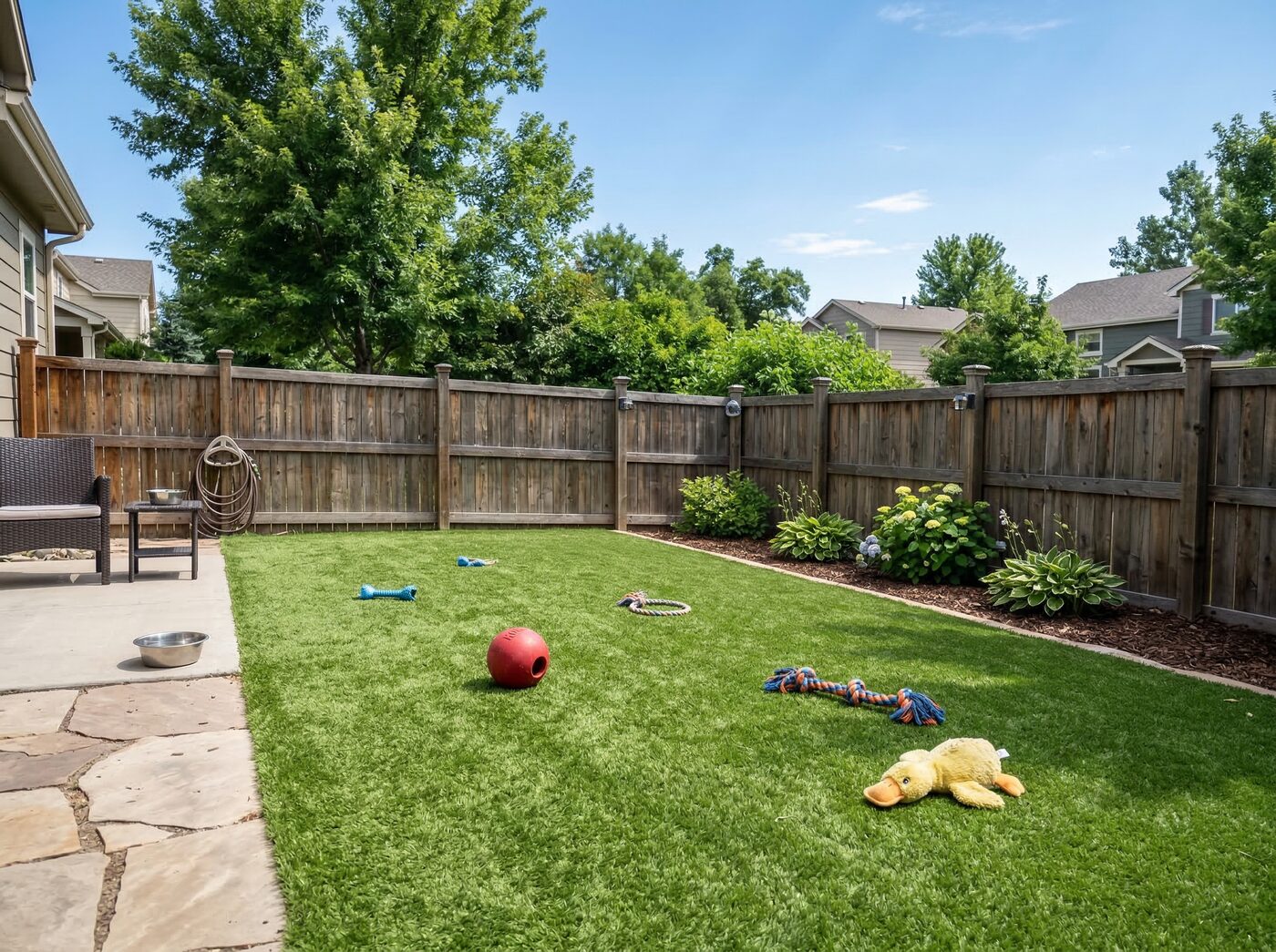 Pet-friendly artificial turf installation Denver backyard with dog toys