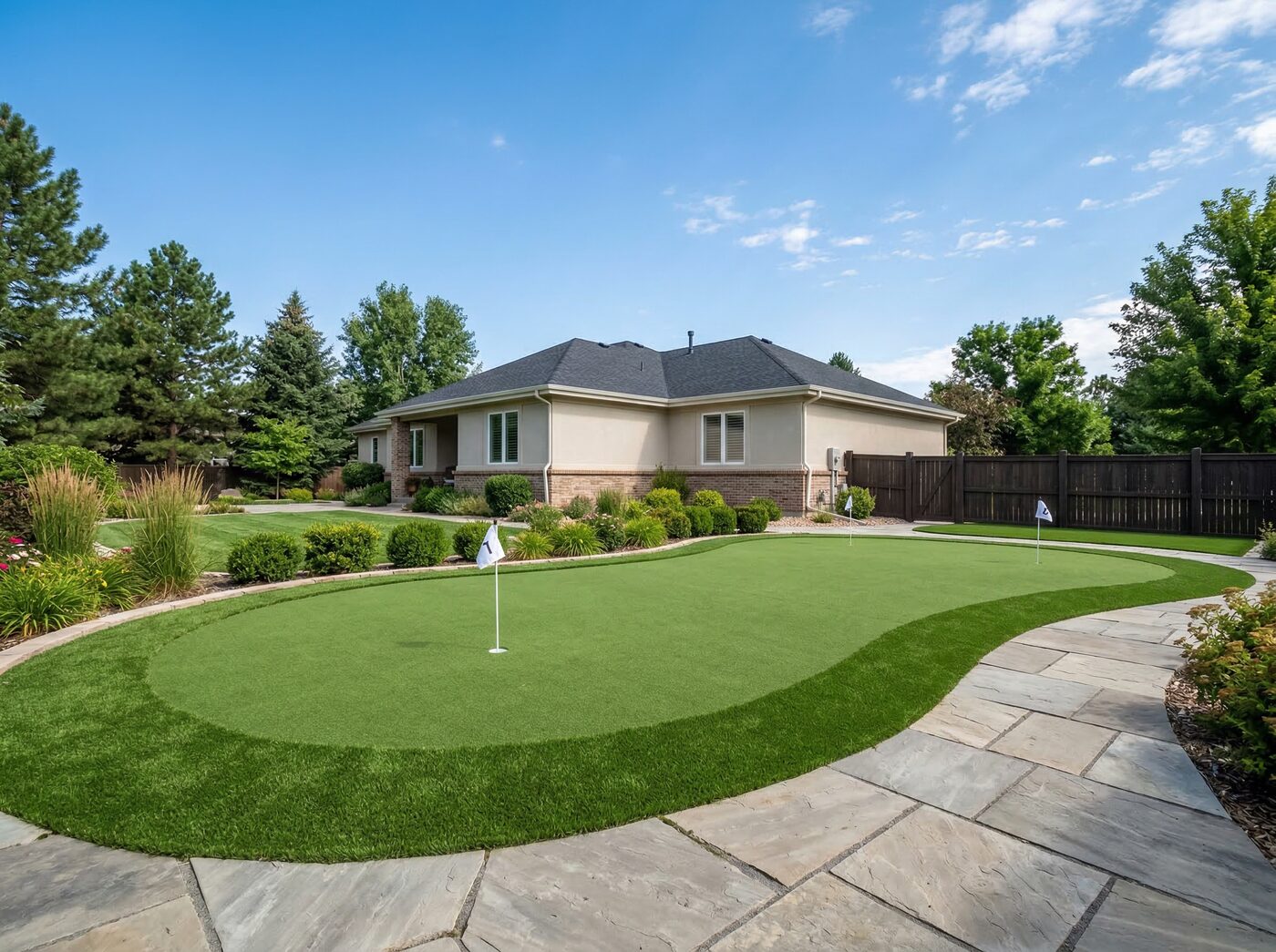 Custom backyard putting green artificial turf installation Denver Colorado