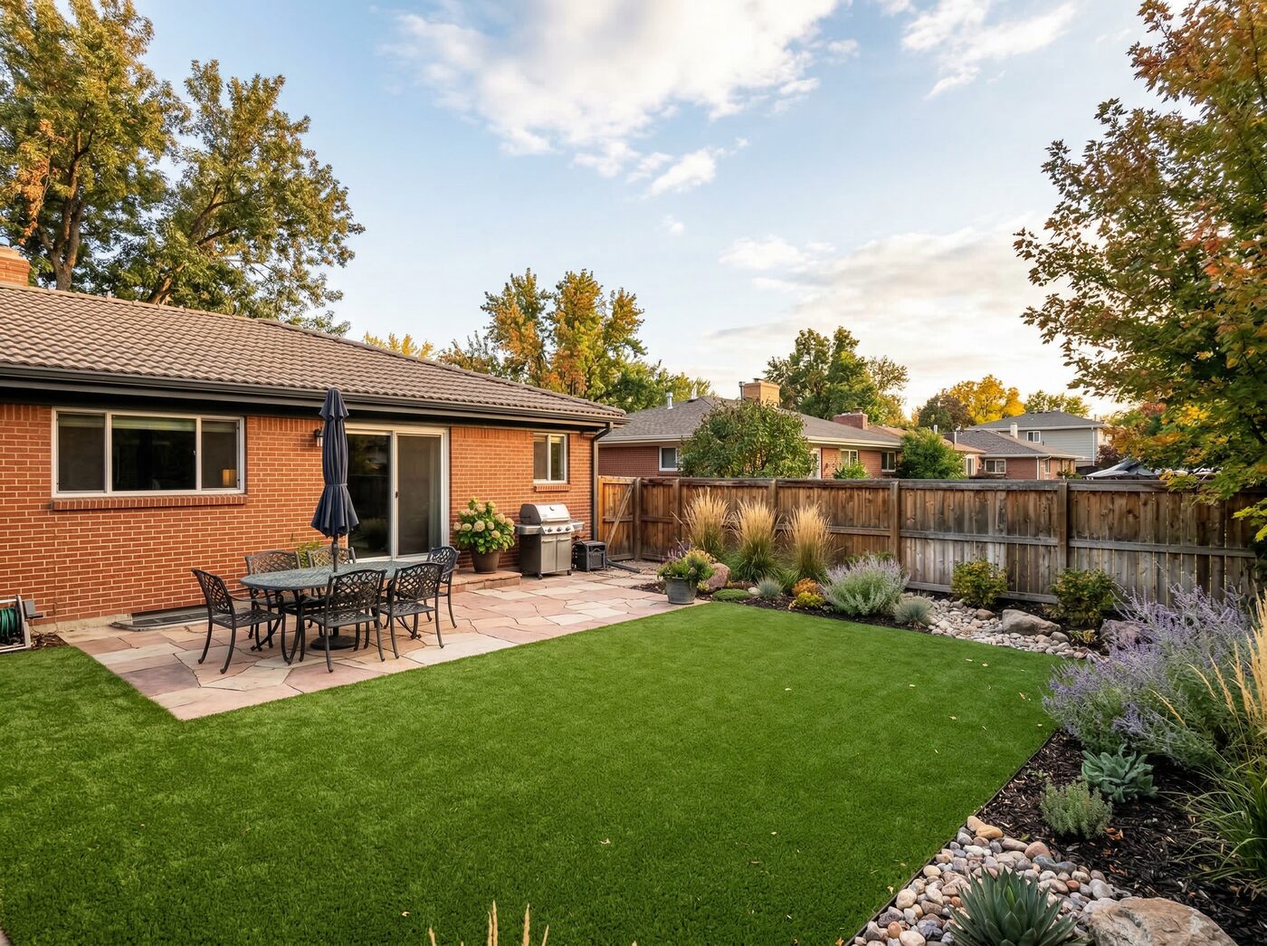 Residential artificial turf yard installation Denver Colorado suburb